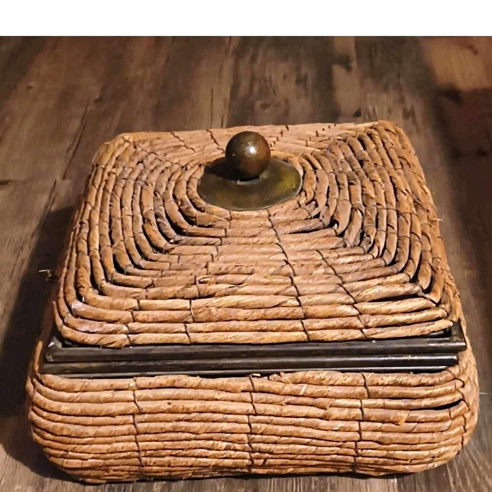 Woven Square Rattan Decorative Box with Brass Knob - Brown